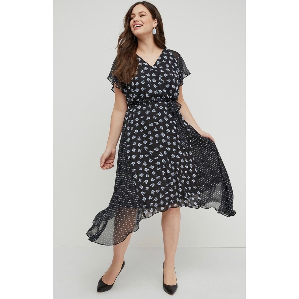 Lane Bryant 26 NWT Black Blue Floral Chiffon Wrap‎ Dress Flutter Sleeve